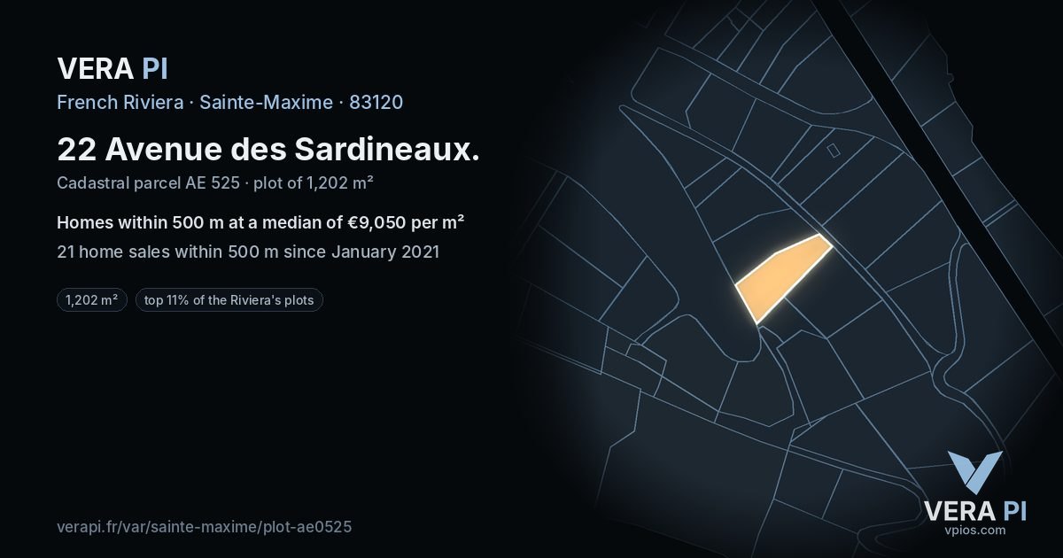 22 Avenue des Sardineaux, Sainte-Maxime at night – the plot lit, the parcels around coloured by the prices near them