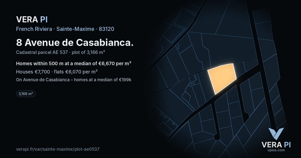 8 Avenue de Casabianca, Sainte-Maxime at night – the plot lit, the parcels around coloured by the prices near them