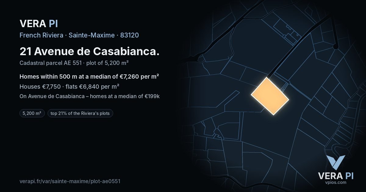 21 Avenue de Casabianca, Sainte-Maxime at night – the plot lit, the parcels around coloured by the prices near them