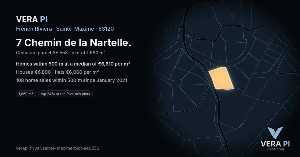 7 Chemin de la Nartelle, Sainte-Maxime at night – the plot lit, the parcels around coloured by the prices near them