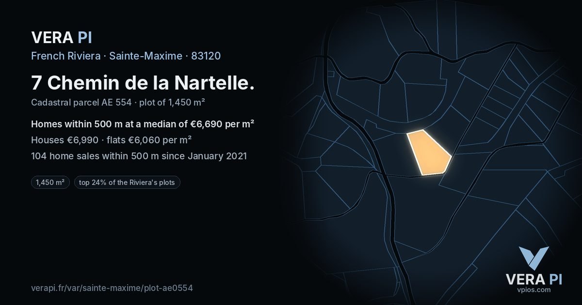 7 Chemin de la Nartelle, Sainte-Maxime at night – the plot lit, the parcels around coloured by the prices near them