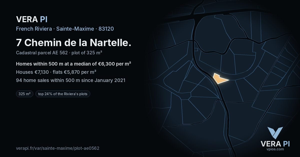 7 Chemin de la Nartelle, Sainte-Maxime at night – the plot lit, the parcels around coloured by the prices near them