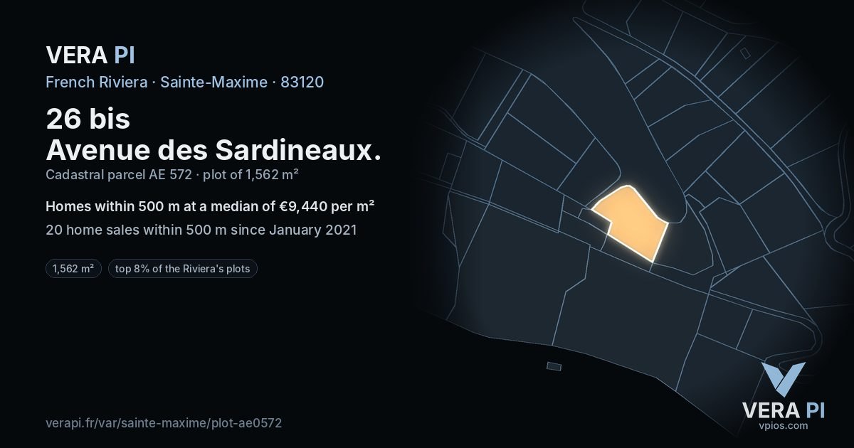 26 bis Avenue des Sardineaux, Sainte-Maxime at night – the plot lit, the parcels around coloured by the prices near them