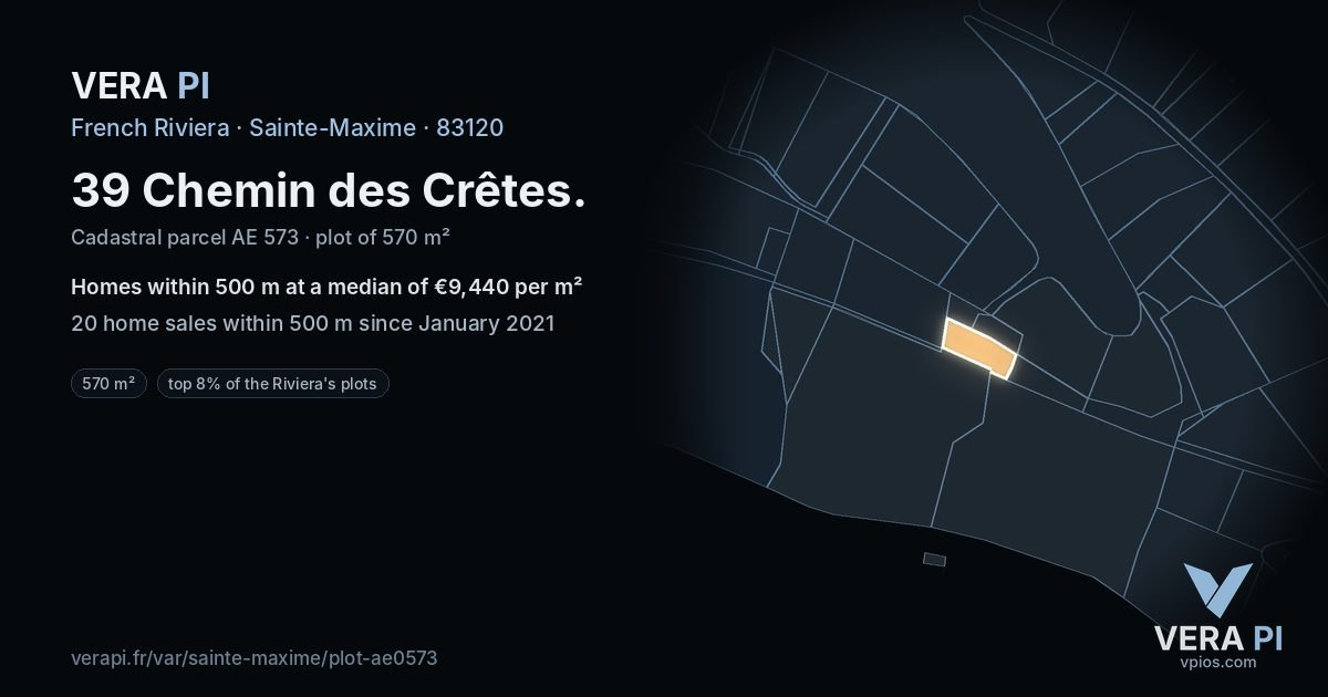 39 Chemin des Crêtes, Sainte-Maxime at night – the plot lit, the parcels around coloured by the prices near them