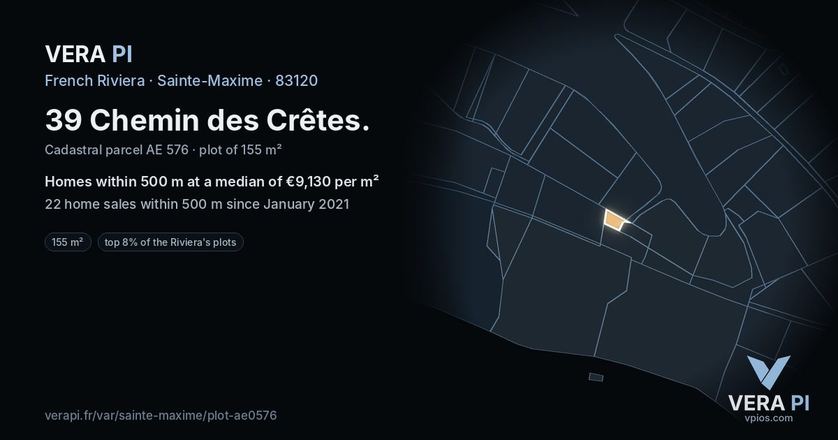 39 Chemin des Crêtes, Sainte-Maxime at night – the plot lit, the parcels around coloured by the prices near them