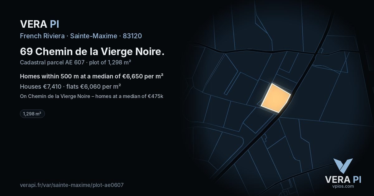 69 Chemin de la Vierge Noire, Sainte-Maxime at night – the plot lit, the parcels around coloured by the prices near them