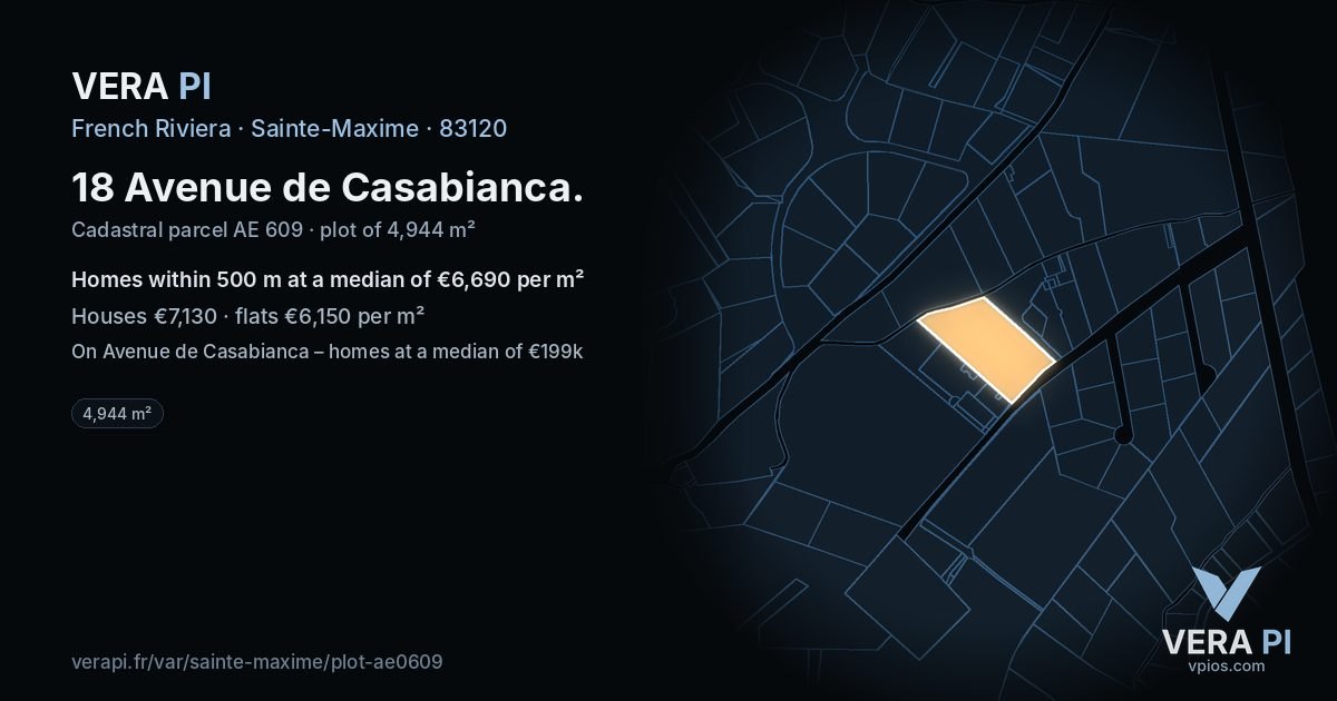 18 Avenue de Casabianca, Sainte-Maxime at night – the plot lit, the parcels around coloured by the prices near them