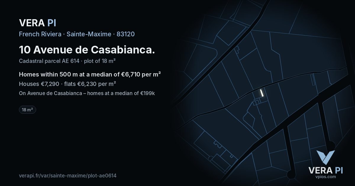 10 Avenue de Casabianca, Sainte-Maxime at night – the plot lit, the parcels around coloured by the prices near them