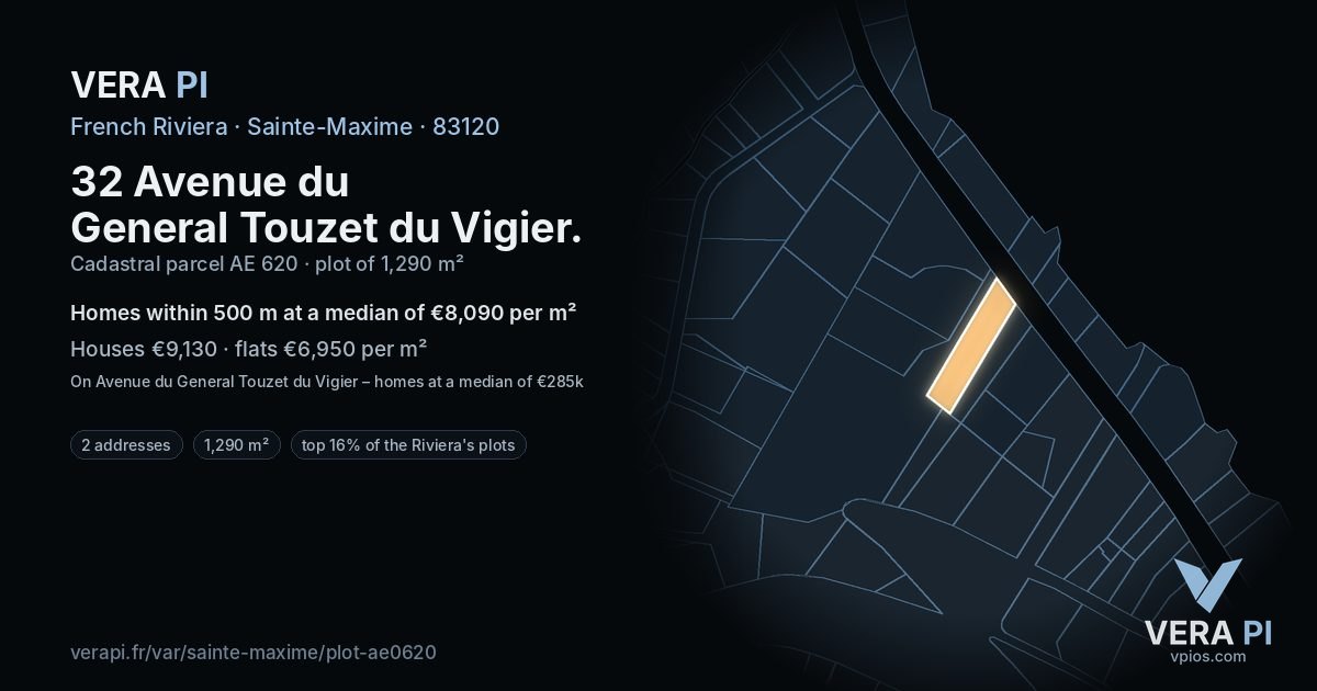 32 Avenue du General Touzet du Vigier, Sainte-Maxime at night – the plot lit, the parcels around coloured by the prices near them