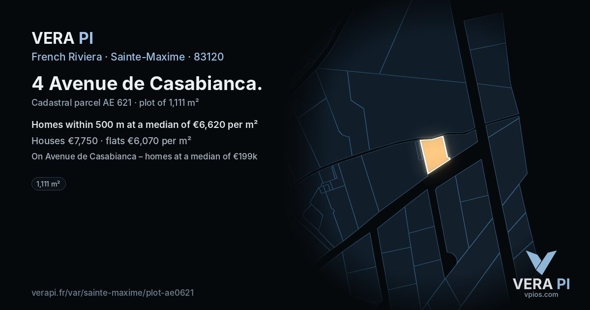 4 Avenue de Casabianca, Sainte-Maxime at night – the plot lit, the parcels around coloured by the prices near them