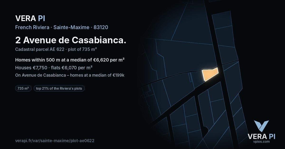 2 Avenue de Casabianca, Sainte-Maxime at night – the plot lit, the parcels around coloured by the prices near them