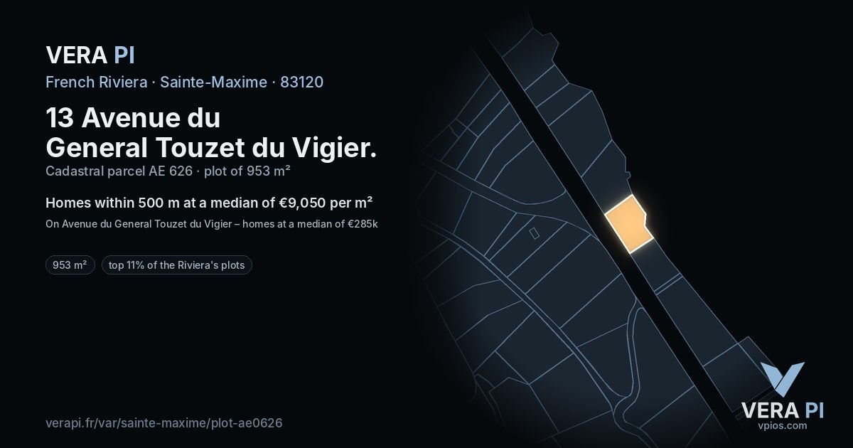 13 Avenue du General Touzet du Vigier, Sainte-Maxime at night – the plot lit, the parcels around coloured by the prices near them