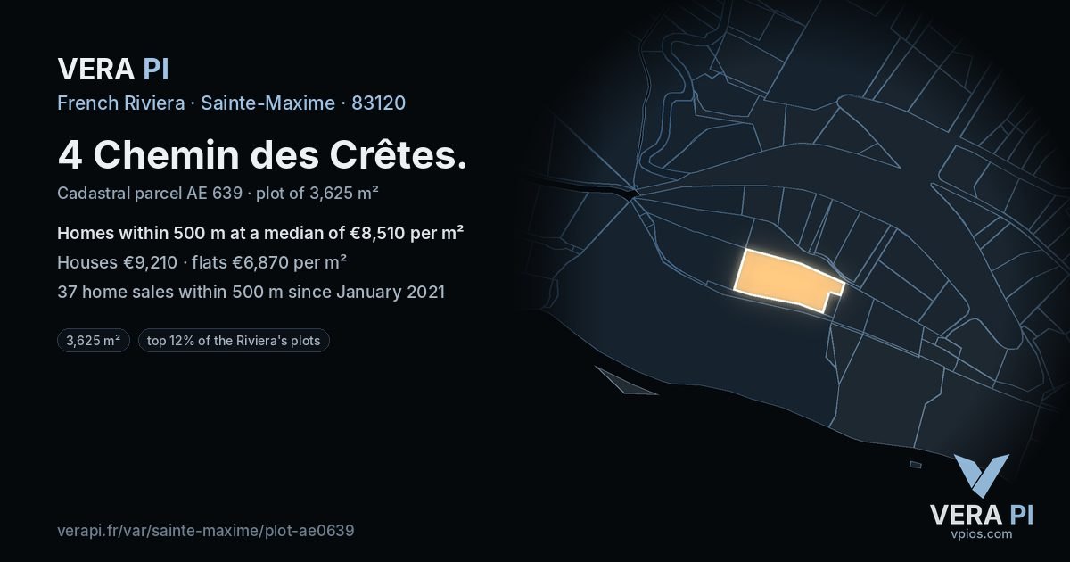 4 Chemin des Crêtes, Sainte-Maxime at night – the plot lit, the parcels around coloured by the prices near them