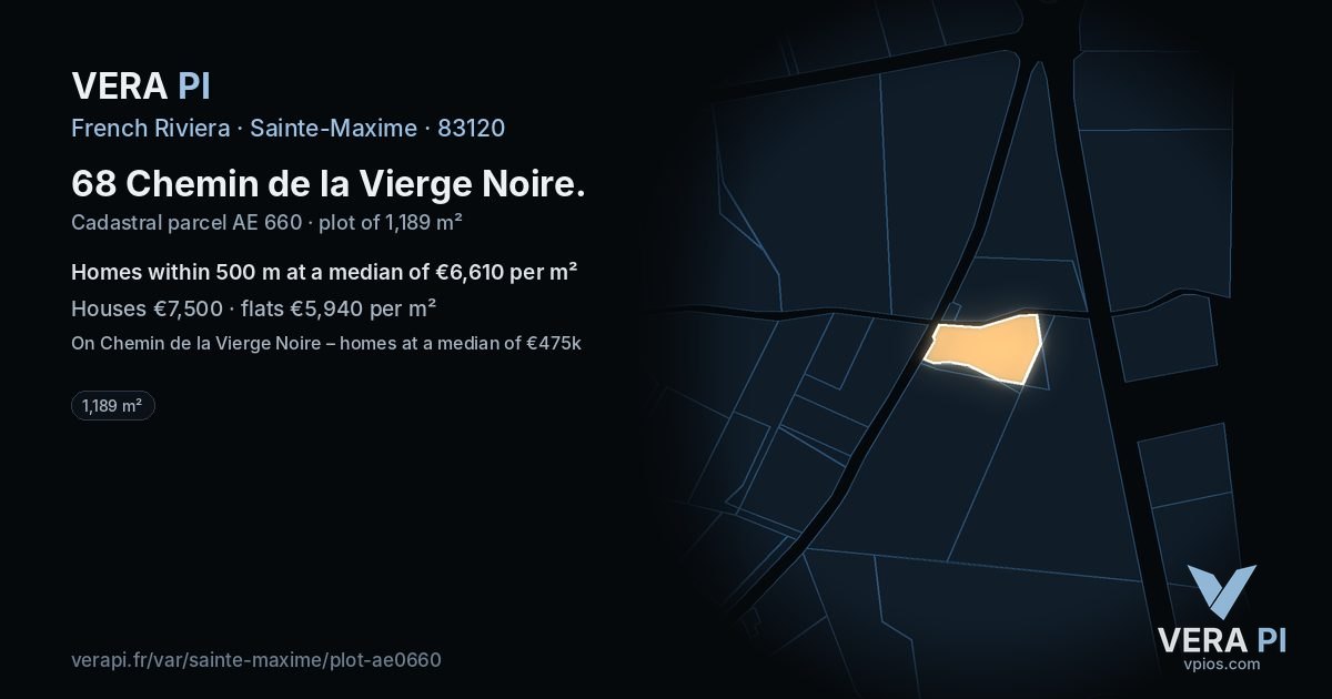68 Chemin de la Vierge Noire, Sainte-Maxime at night – the plot lit, the parcels around coloured by the prices near them