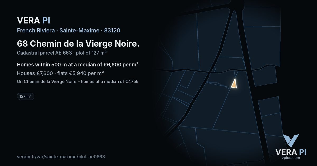 68 Chemin de la Vierge Noire, Sainte-Maxime at night – the plot lit, the parcels around coloured by the prices near them