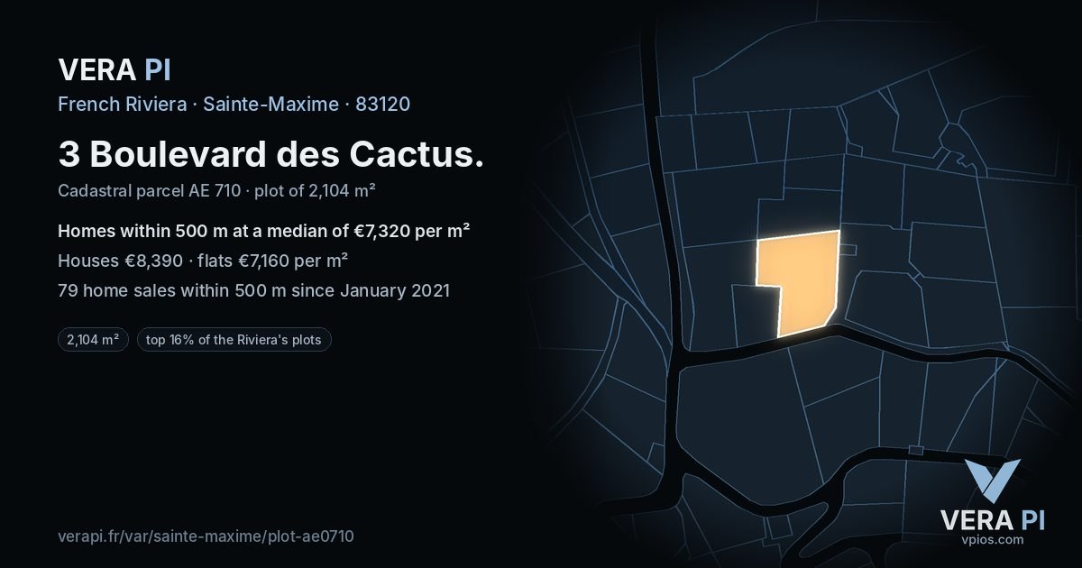 3 Boulevard des Cactus, Sainte-Maxime at night – the plot lit, the parcels around coloured by the prices near them