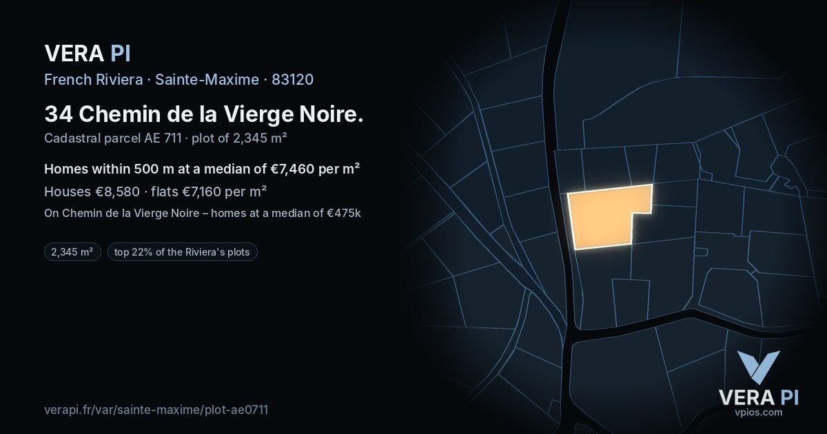 34 Chemin de la Vierge Noire, Sainte-Maxime at night – the plot lit, the parcels around coloured by the prices near them