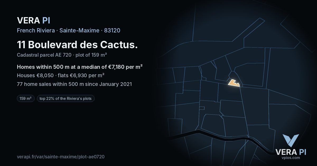 11 Boulevard des Cactus, Sainte-Maxime at night – the plot lit, the parcels around coloured by the prices near them