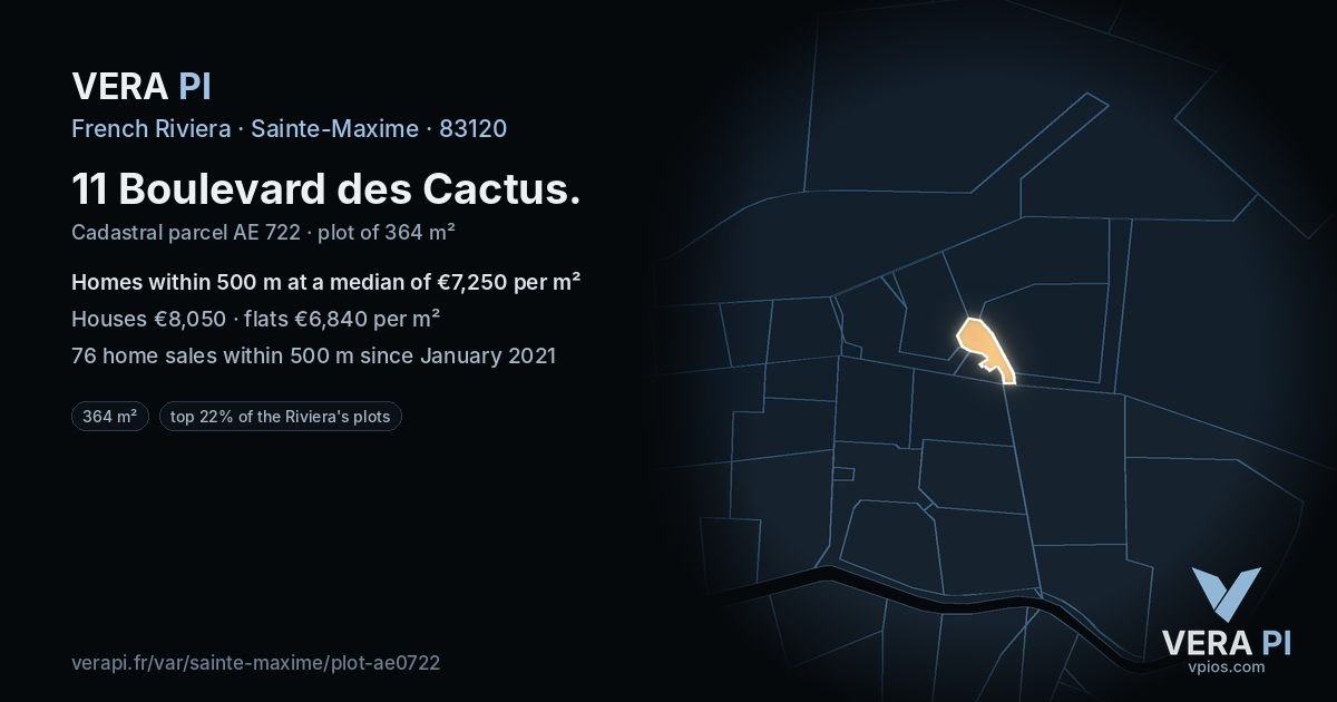 11 Boulevard des Cactus, Sainte-Maxime at night – the plot lit, the parcels around coloured by the prices near them