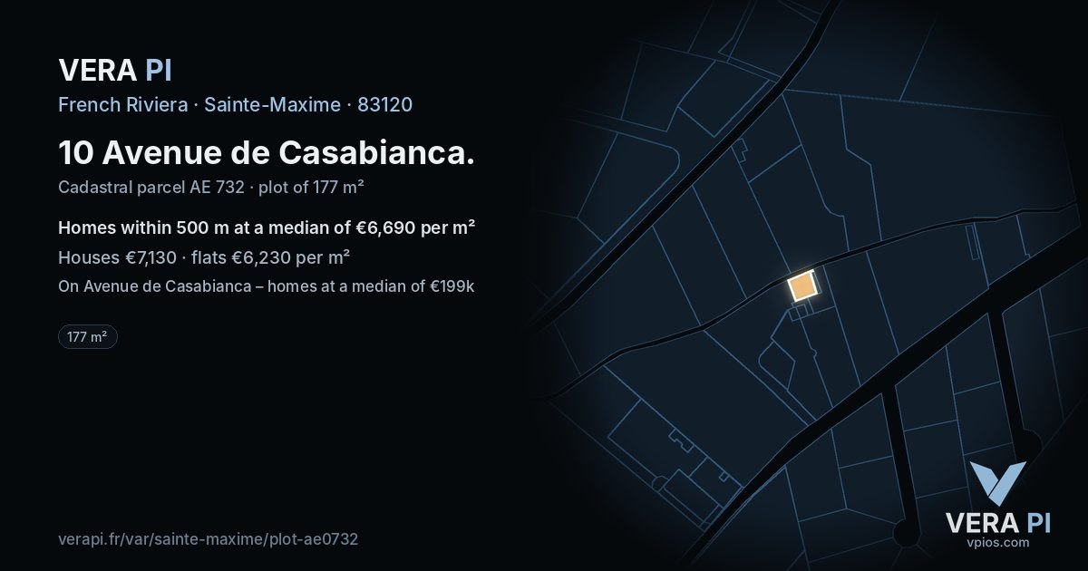 10 Avenue de Casabianca, Sainte-Maxime at night – the plot lit, the parcels around coloured by the prices near them