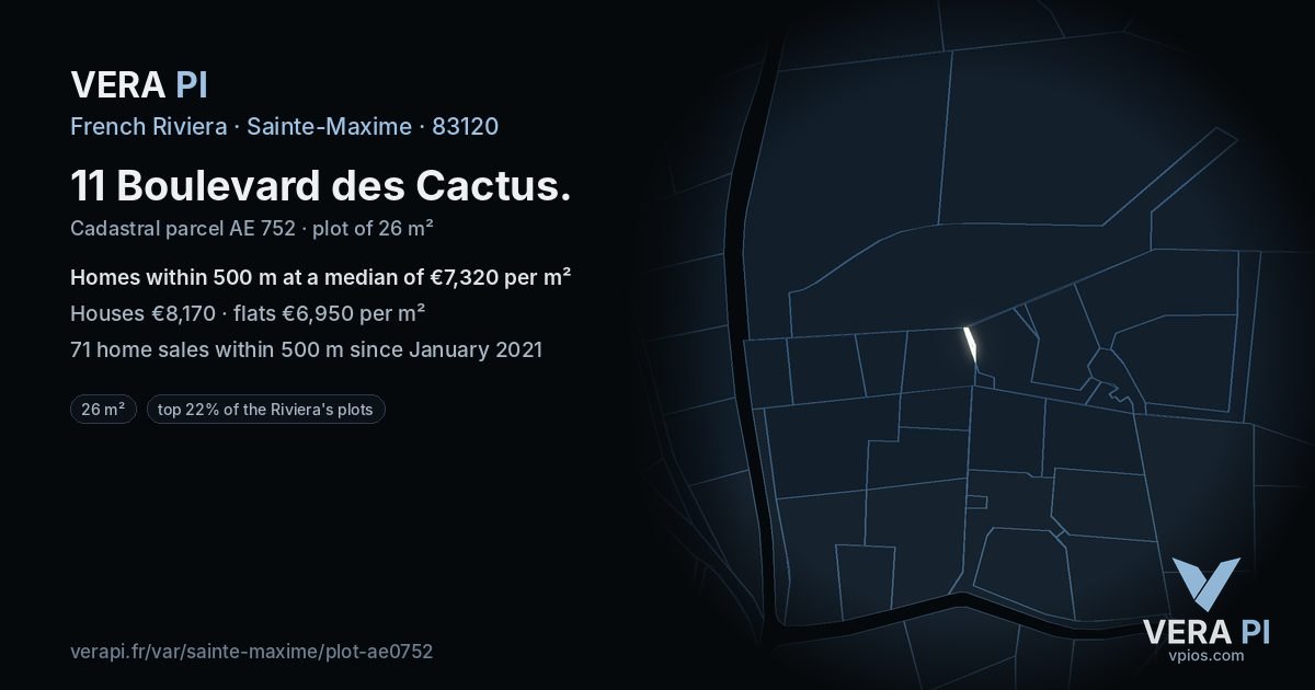 11 Boulevard des Cactus, Sainte-Maxime at night – the plot lit, the parcels around coloured by the prices near them