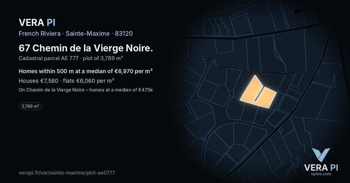 67 Chemin de la Vierge Noire, Sainte-Maxime at night – the plot lit, the parcels around coloured by the prices near them
