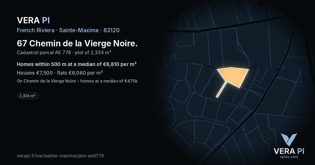 67 Chemin de la Vierge Noire, Sainte-Maxime at night – the plot lit, the parcels around coloured by the prices near them