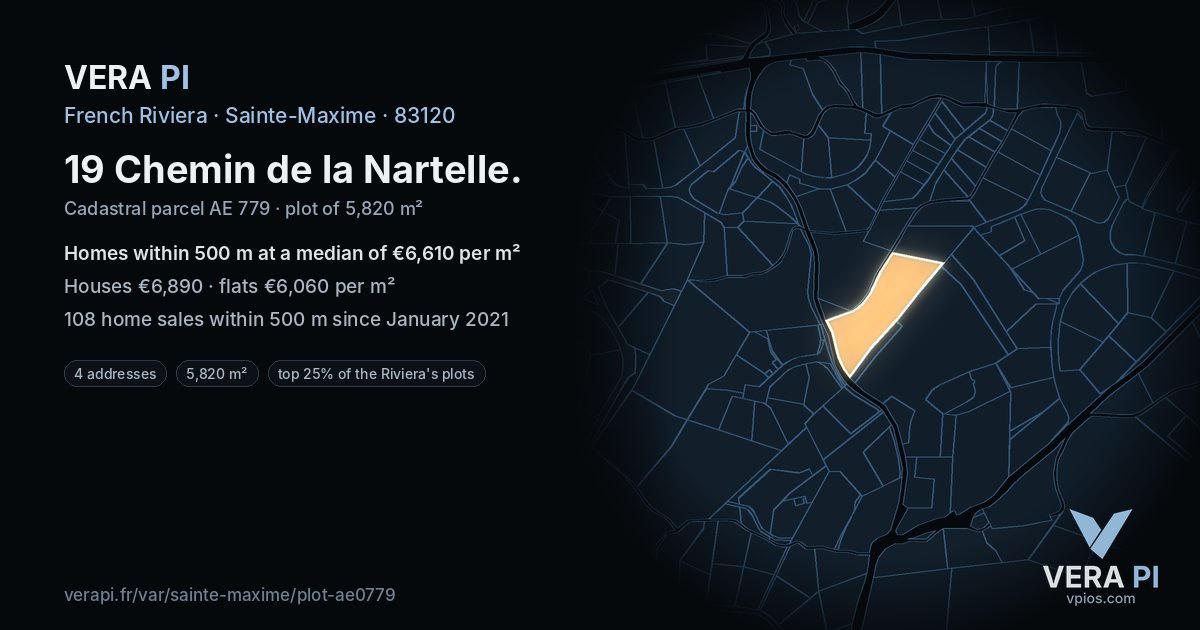19 Chemin de la Nartelle, Sainte-Maxime at night – the plot lit, the parcels around coloured by the prices near them