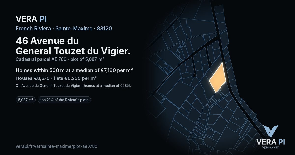 46 Avenue du General Touzet du Vigier, Sainte-Maxime at night – the plot lit, the parcels around coloured by the prices near them