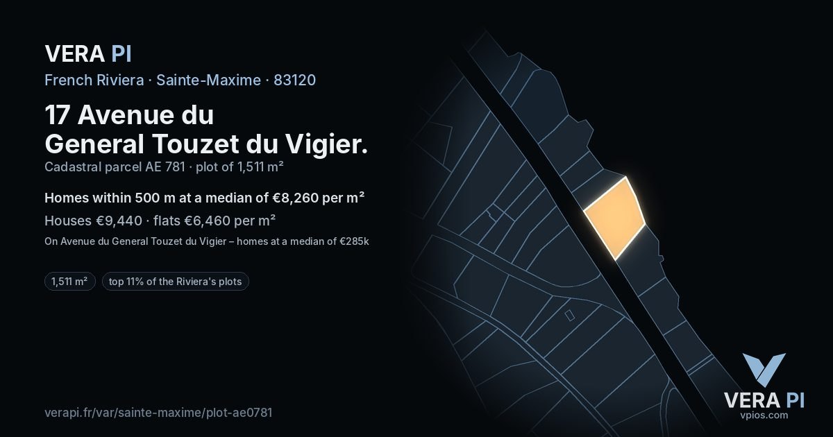 17 Avenue du General Touzet du Vigier, Sainte-Maxime at night – the plot lit, the parcels around coloured by the prices near them