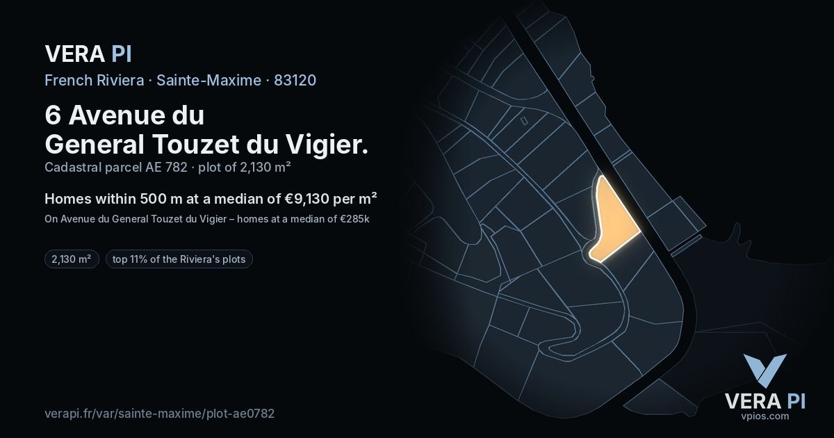 6 Avenue du General Touzet du Vigier, Sainte-Maxime at night – the plot lit, the parcels around coloured by the prices near them
