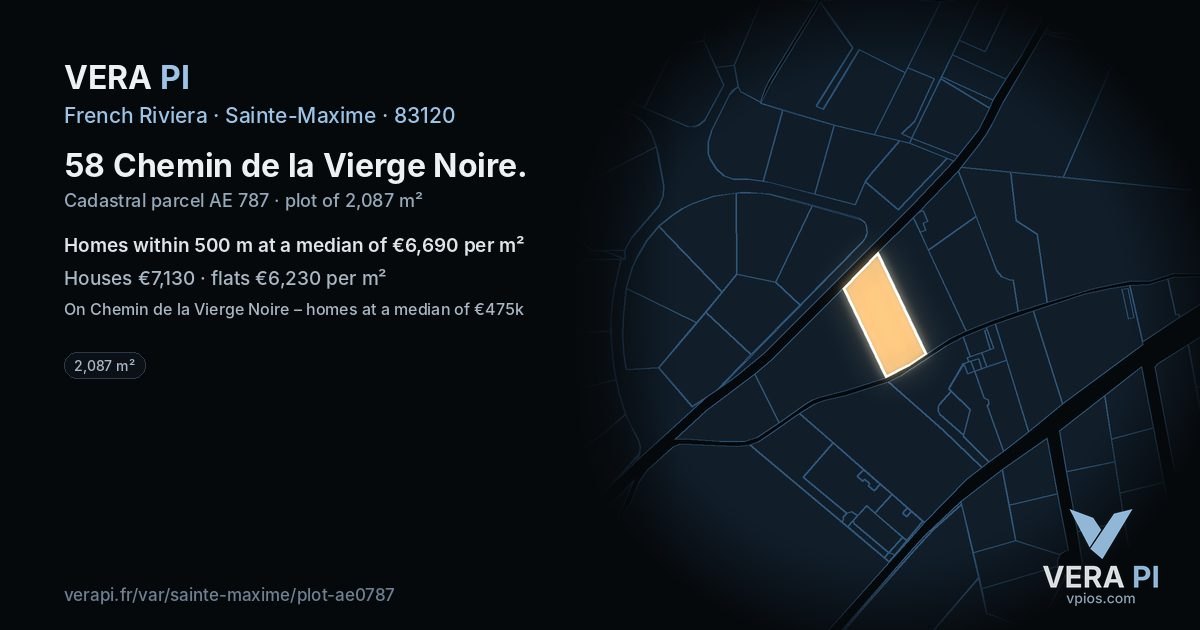 58 Chemin de la Vierge Noire, Sainte-Maxime at night – the plot lit, the parcels around coloured by the prices near them