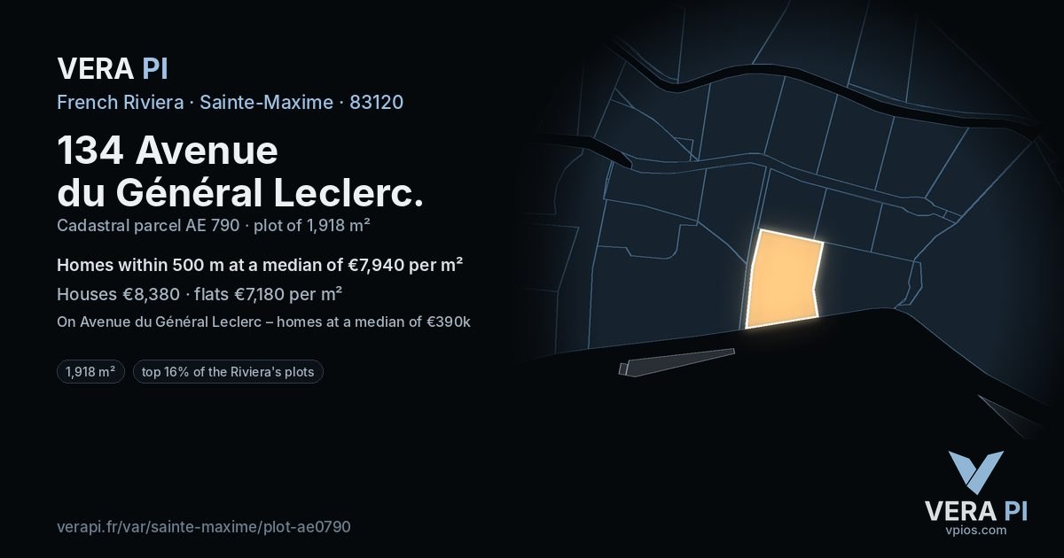 134 Avenue du Général Leclerc, Sainte-Maxime at night – the plot lit, the parcels around coloured by the prices near them