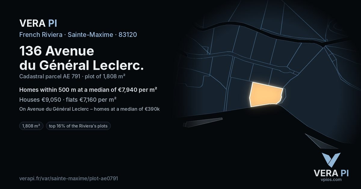 136 Avenue du Général Leclerc, Sainte-Maxime at night – the plot lit, the parcels around coloured by the prices near them
