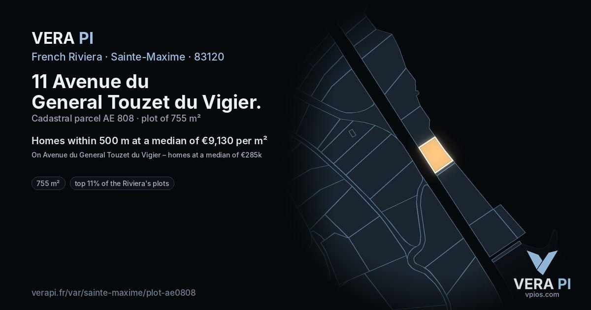 11 Avenue du General Touzet du Vigier, Sainte-Maxime at night – the plot lit, the parcels around coloured by the prices near them