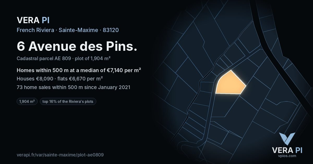 6 Avenue des Pins, Sainte-Maxime at night – the plot lit, the parcels around coloured by the prices near them