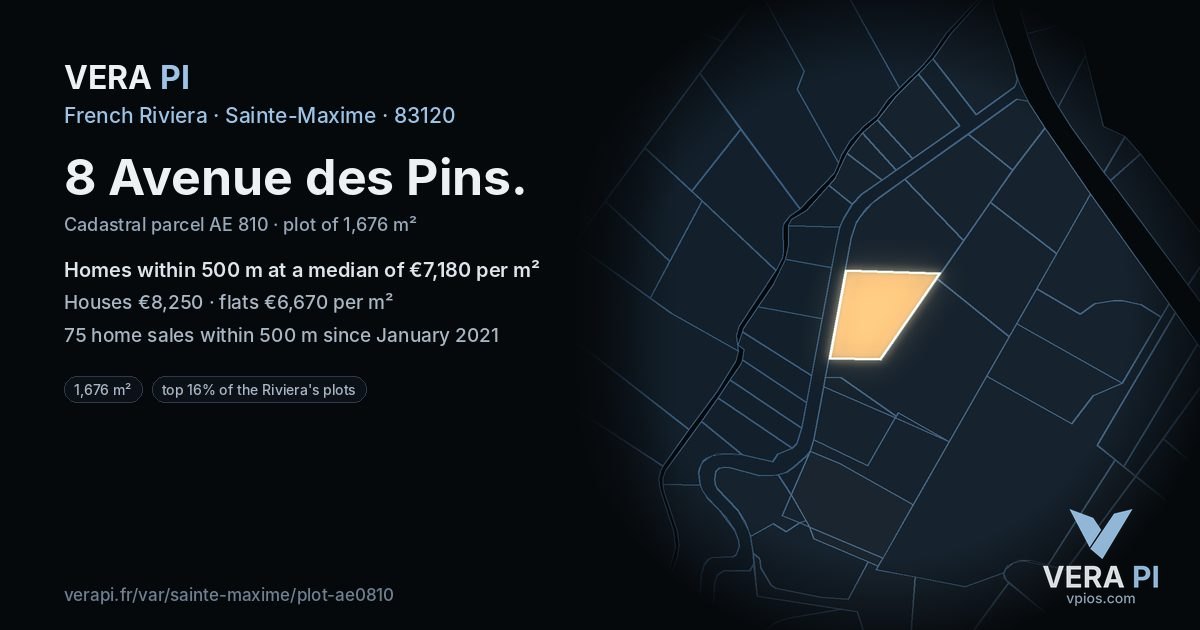 8 Avenue des Pins, Sainte-Maxime at night – the plot lit, the parcels around coloured by the prices near them
