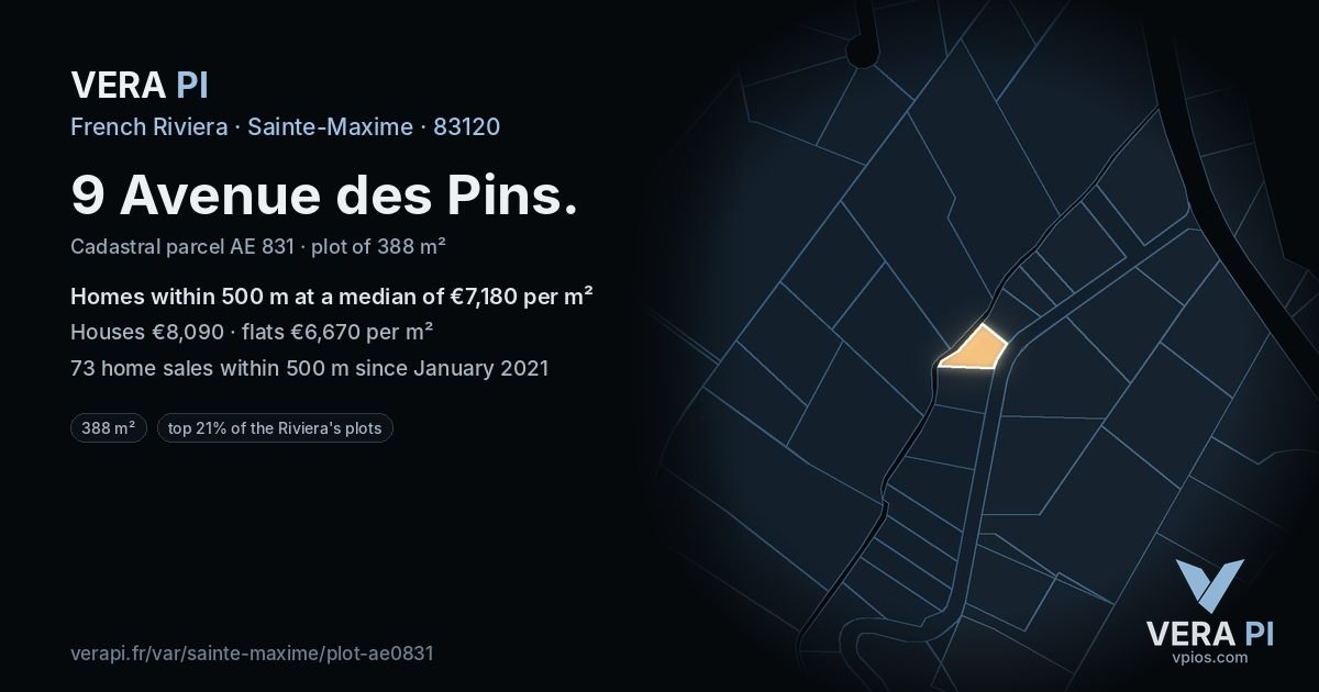 9 Avenue des Pins, Sainte-Maxime at night – the plot lit, the parcels around coloured by the prices near them