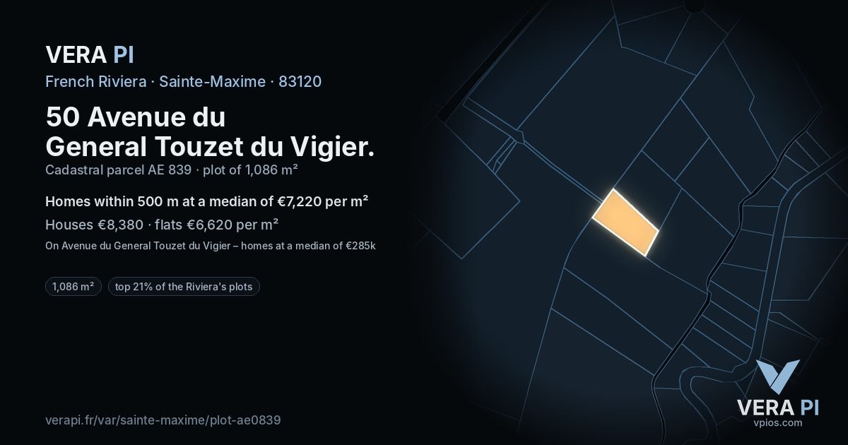 50 Avenue du General Touzet du Vigier, Sainte-Maxime at night – the plot lit, the parcels around coloured by the prices near them