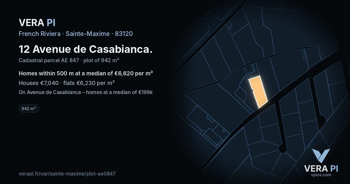 12 Avenue de Casabianca, Sainte-Maxime at night – the plot lit, the parcels around coloured by the prices near them