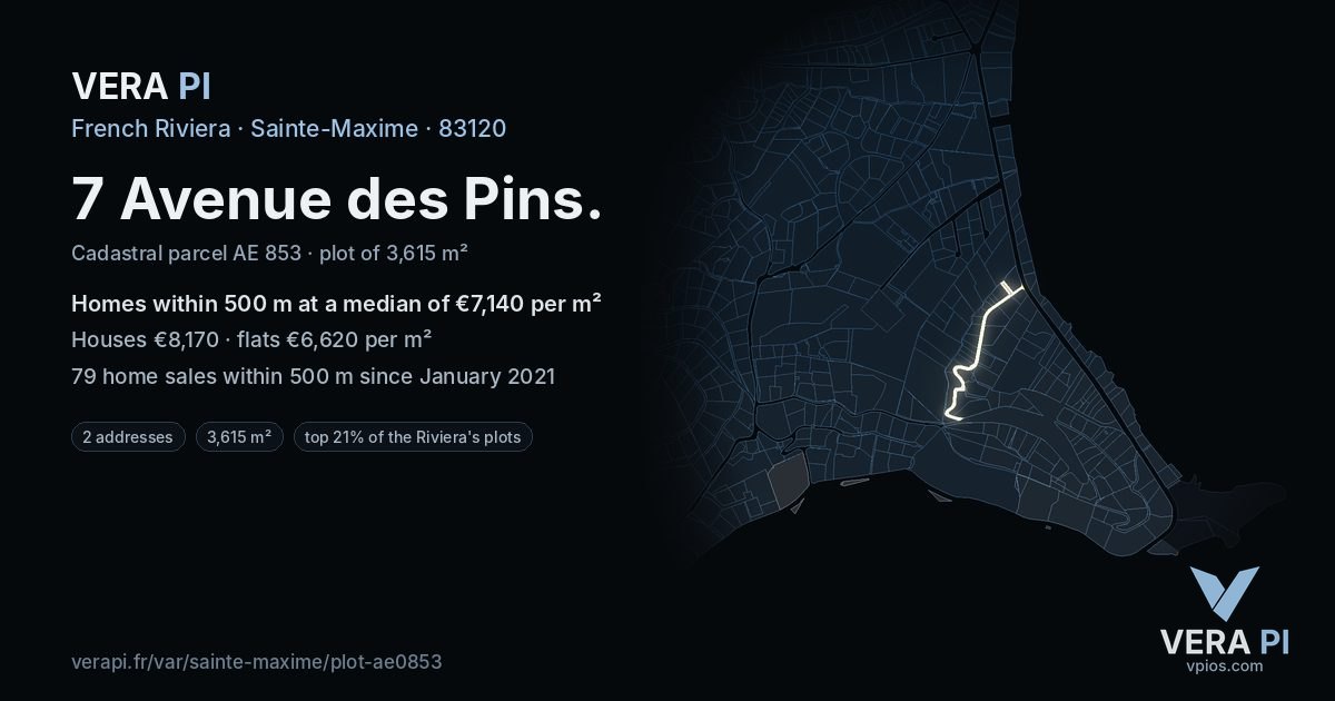 7 Avenue des Pins, Sainte-Maxime at night – the plot lit, the parcels around coloured by the prices near them