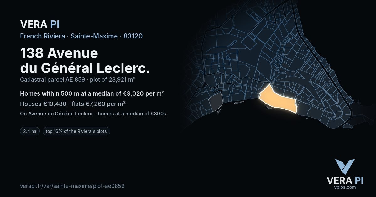 138 Avenue du Général Leclerc, Sainte-Maxime at night – the plot lit, the parcels around coloured by the prices near them