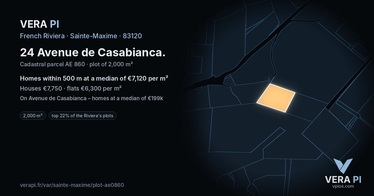 24 Avenue de Casabianca, Sainte-Maxime at night – the plot lit, the parcels around coloured by the prices near them
