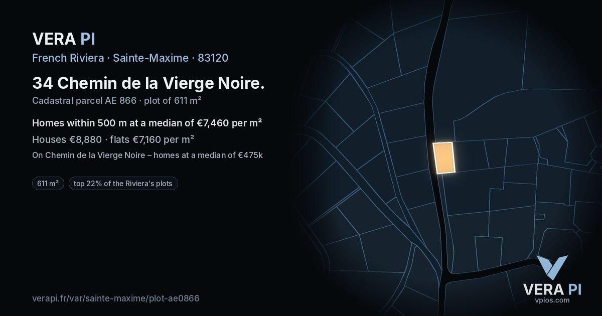 34 Chemin de la Vierge Noire, Sainte-Maxime at night – the plot lit, the parcels around coloured by the prices near them