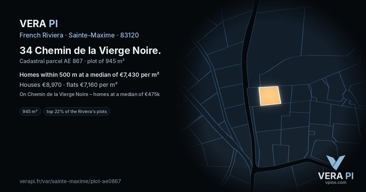 34 Chemin de la Vierge Noire, Sainte-Maxime at night – the plot lit, the parcels around coloured by the prices near them