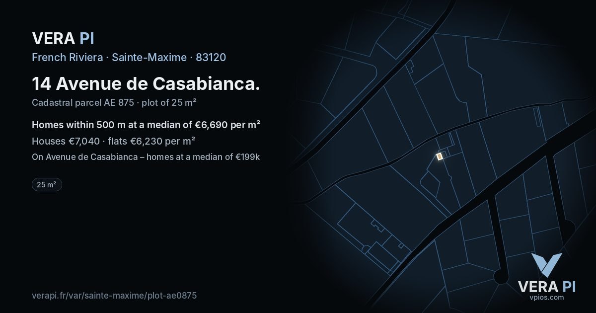 14 Avenue de Casabianca, Sainte-Maxime at night – the plot lit, the parcels around coloured by the prices near them