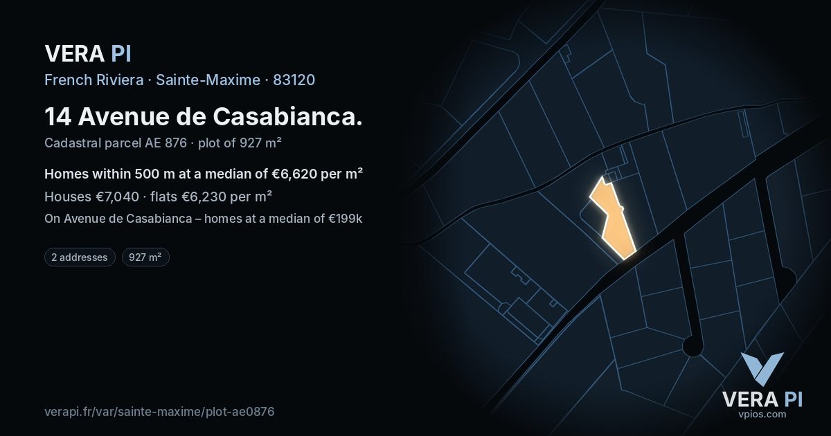 14 Avenue de Casabianca, Sainte-Maxime at night – the plot lit, the parcels around coloured by the prices near them
