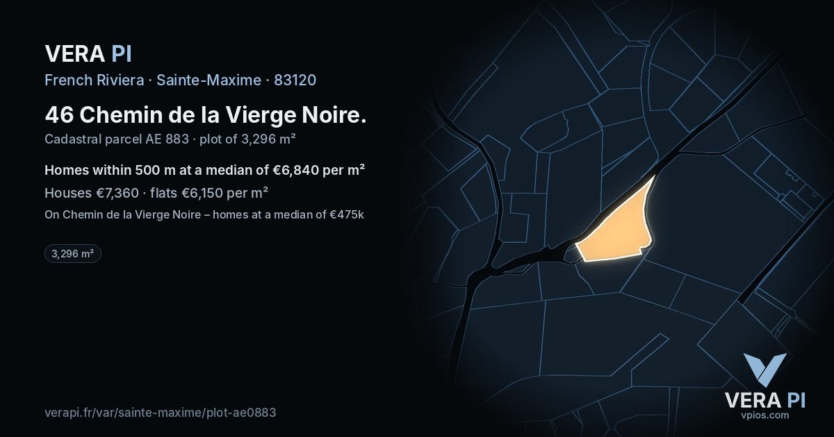 46 Chemin de la Vierge Noire, Sainte-Maxime at night – the plot lit, the parcels around coloured by the prices near them