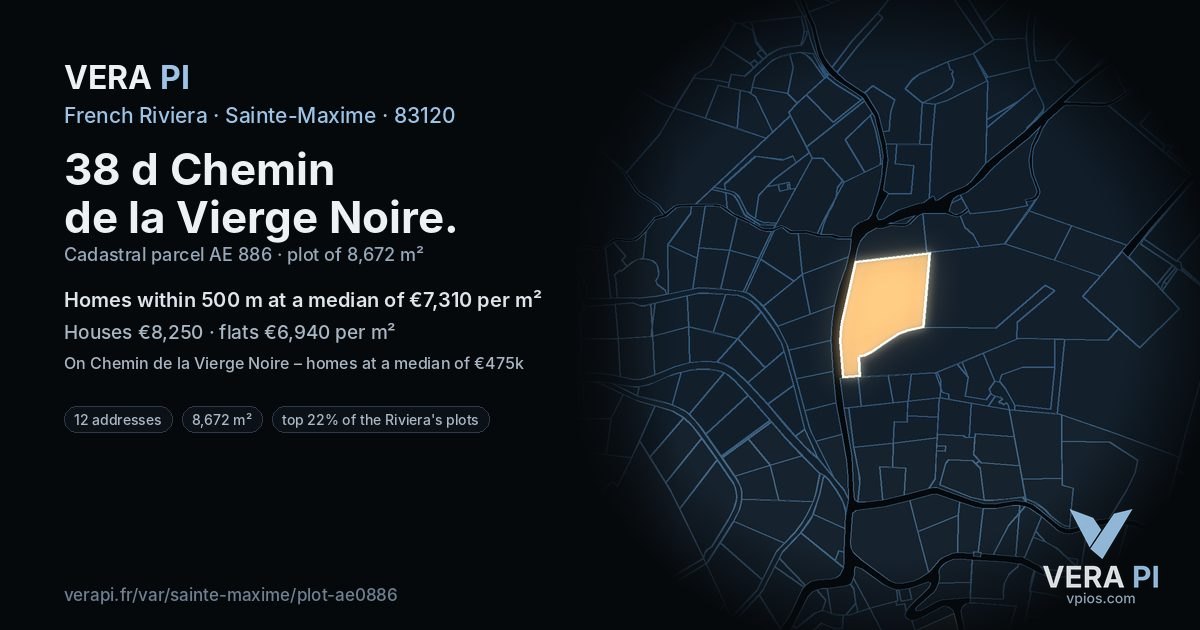 38 d Chemin de la Vierge Noire, Sainte-Maxime at night – the plot lit, the parcels around coloured by the prices near them