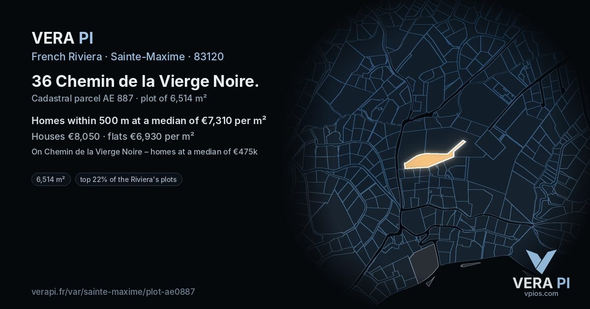 36 Chemin de la Vierge Noire, Sainte-Maxime at night – the plot lit, the parcels around coloured by the prices near them